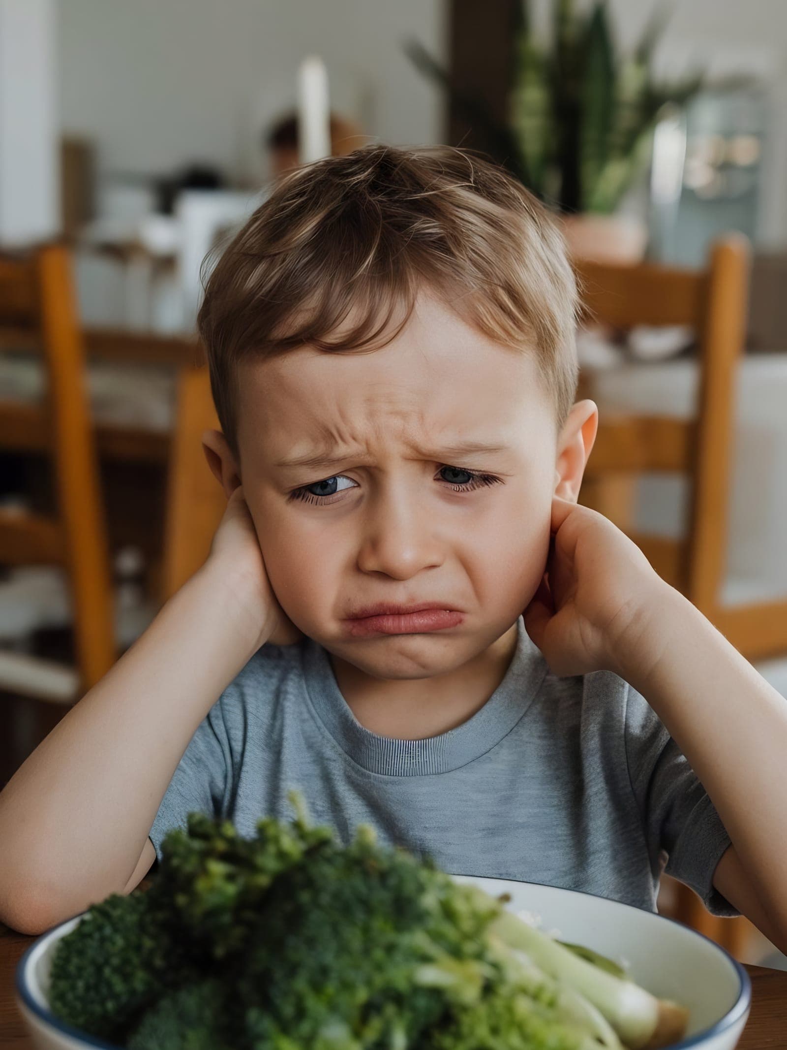Menino pequeno com as mãos no rosto e expressão fechada diante de uma tigela de brócolis